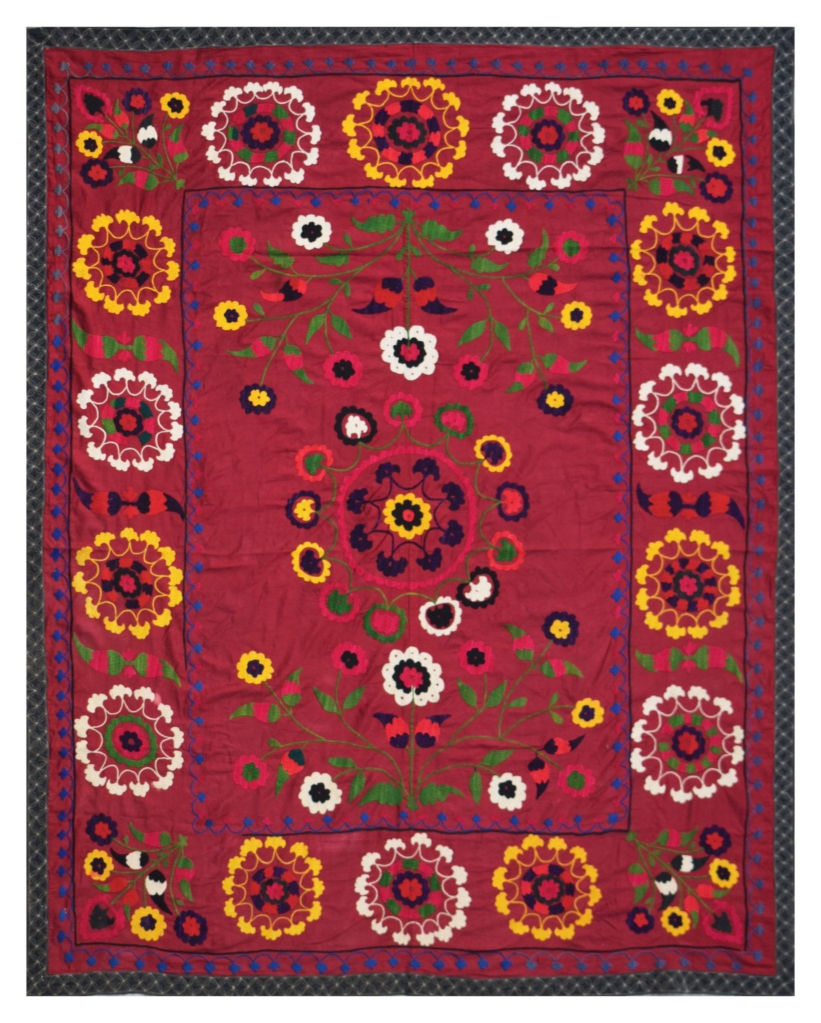 Hand Embroidered Vintage Silk Uzbek Suzani Runner | 190 x 149 cm | 6'3" x 4'11" - Najaf Rugs & Textile