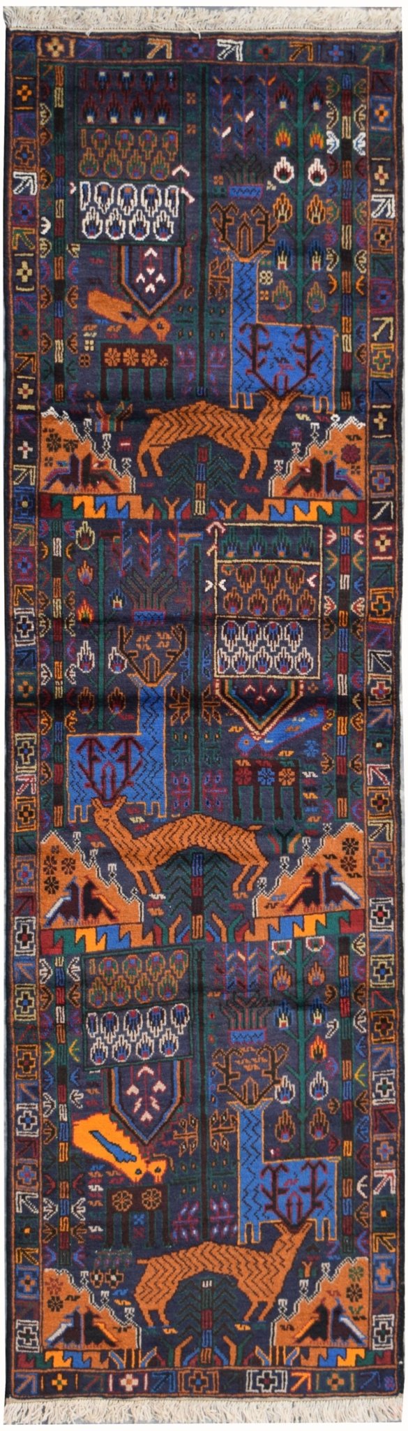 Handmade Afghan Hunting Design Hallway Runner | 287 x 83 cm | 9'5" x 2'9" - Najaf Rugs & Textile