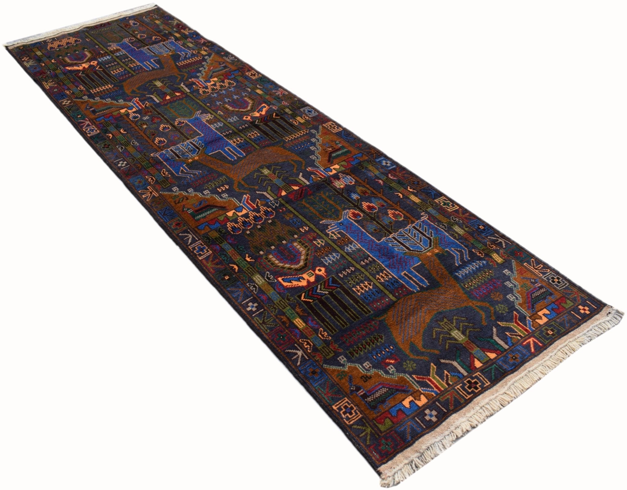 Handmade Afghan Hunting Design Hallway Runner | 294 x 88 cm | 9'8" x 2'11" - Najaf Rugs & Textile