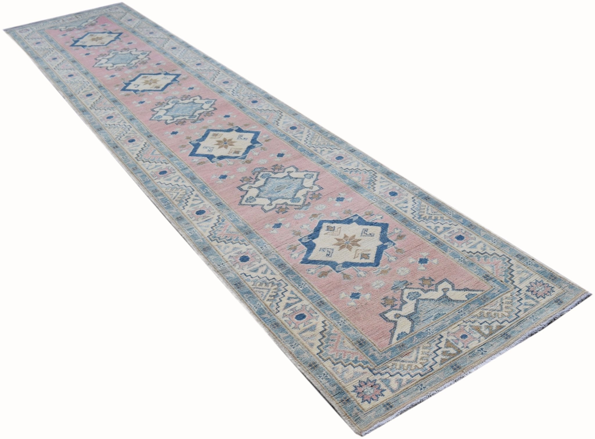 Handmade Afghan Kazakh Hallway Runner | 385 x 80 cm | 12'8" x 2'8" - Najaf Rugs & Textile