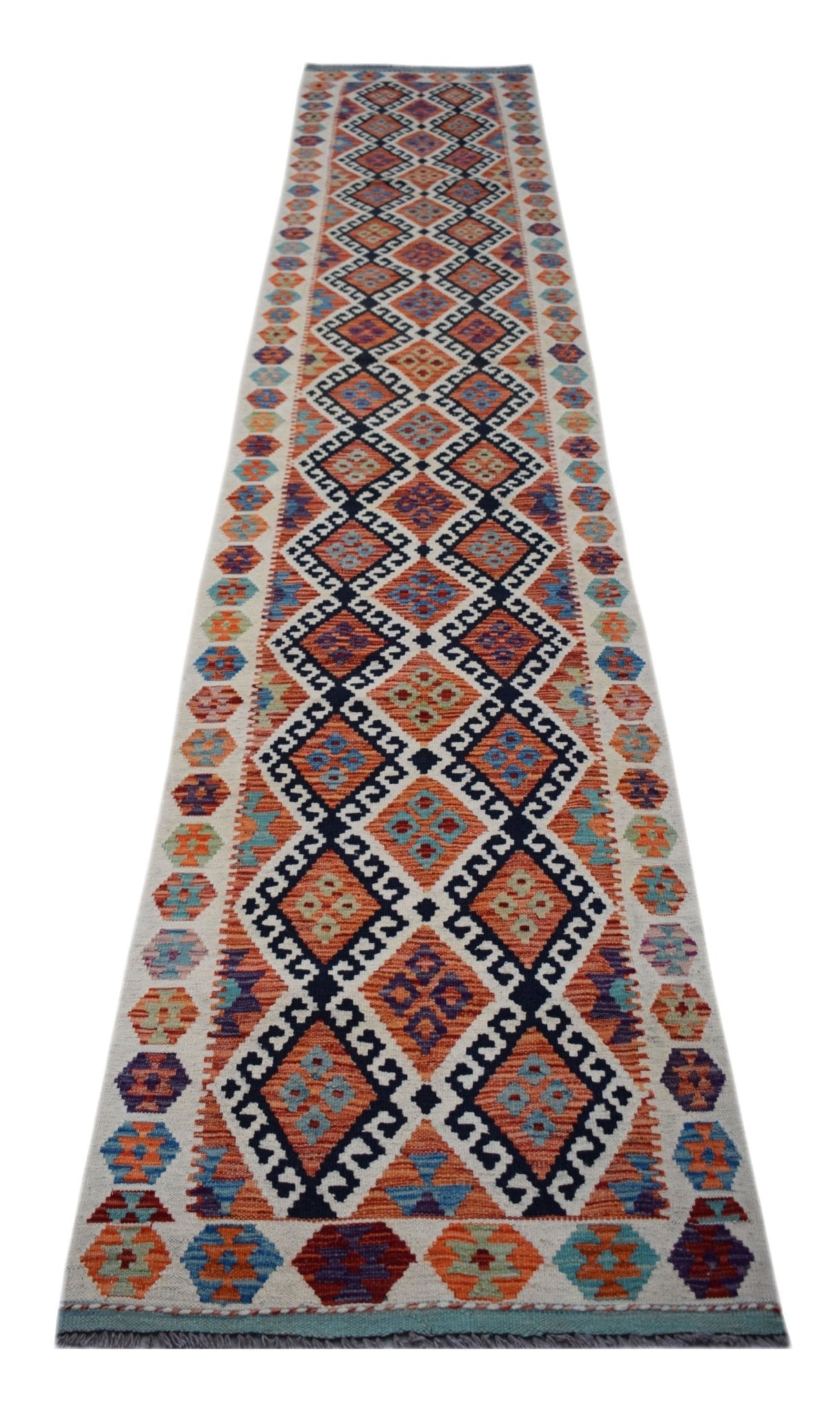 Handmade Afghan Maimana Kilim Hallway Runner | 393 x 82 cm | 12'11" x 2'9" - Najaf Rugs & Textile