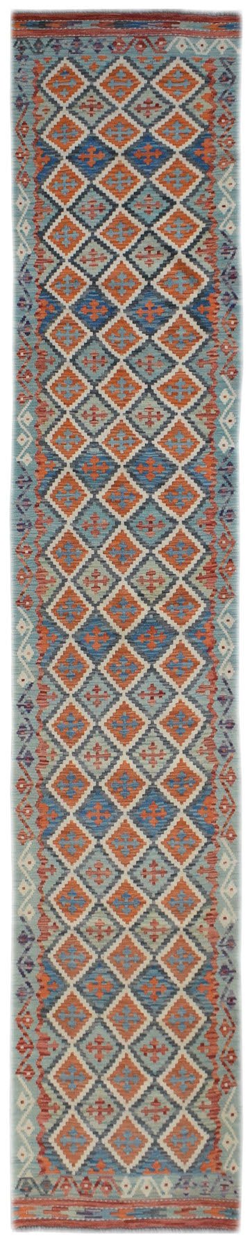 Handmade Afghan Maimana Kilim Hallway Runner | 401 x 83 cm | 13'2" x 2'9" - Najaf Rugs & Textile