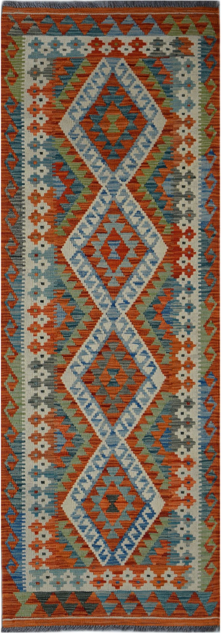 Handmade Afghan Maimana Killim Hallway Runner | 209 x 73 cm | 6'10" x 2'5" - Najaf Rugs & Textile