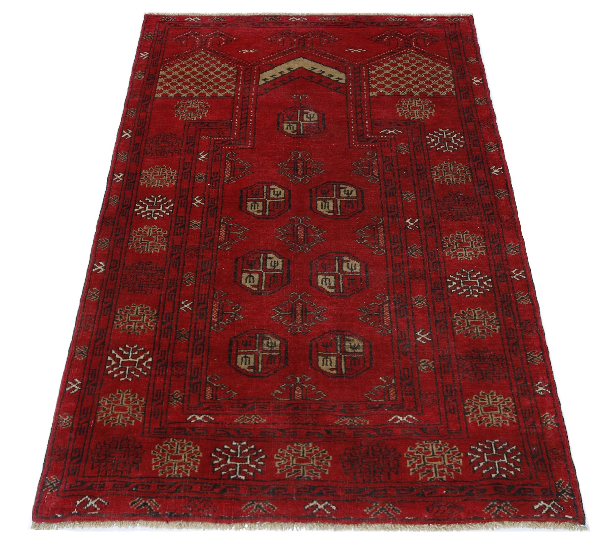 Handmade Afghan Turkmen Prayer Rug | 118 x 76 cm | 3'11" x 2'6" - Najaf Rugs & Textile