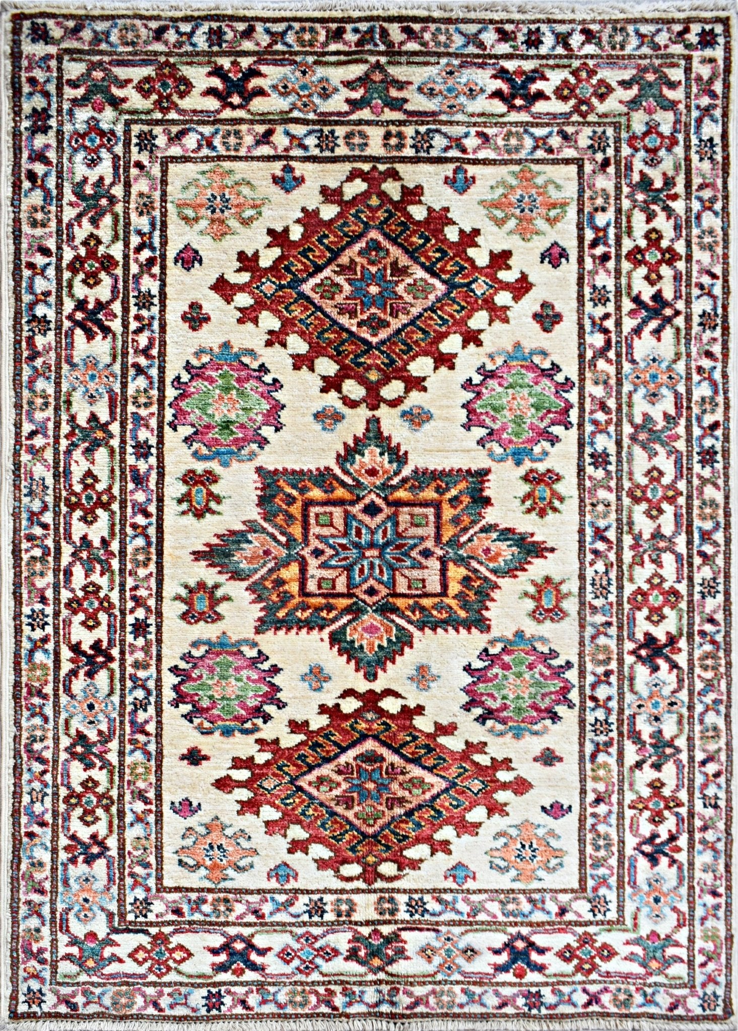 Handmade Mini Afghan Super Kazakh Rug | 109 x 86 cm | 3'7" x 2'10" - Najaf Rugs & Textile