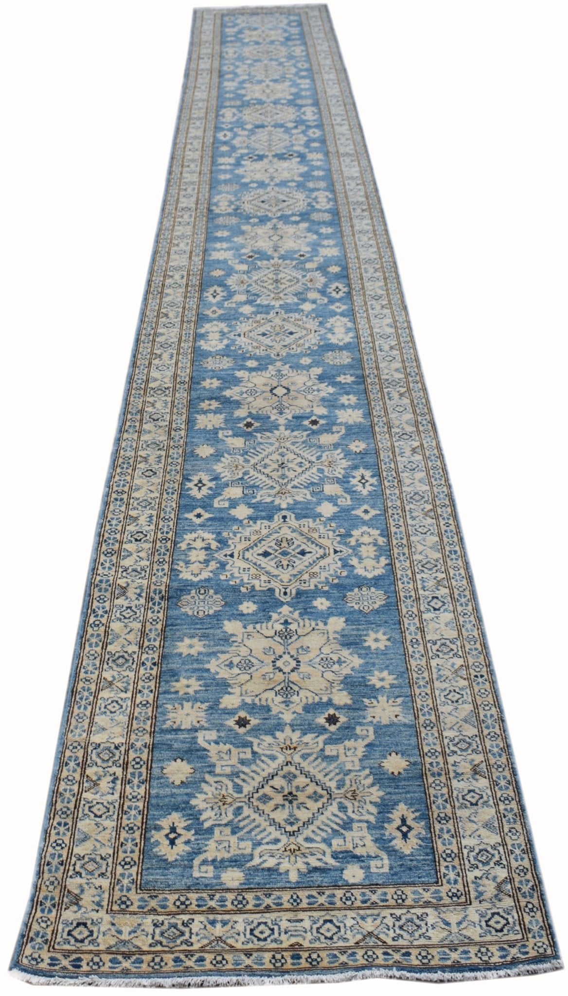 Handmade Super Afghan Kazakh Hallway Runner | 614 x 88 cm | 20'2" x 2'11" - Najaf Rugs & Textile