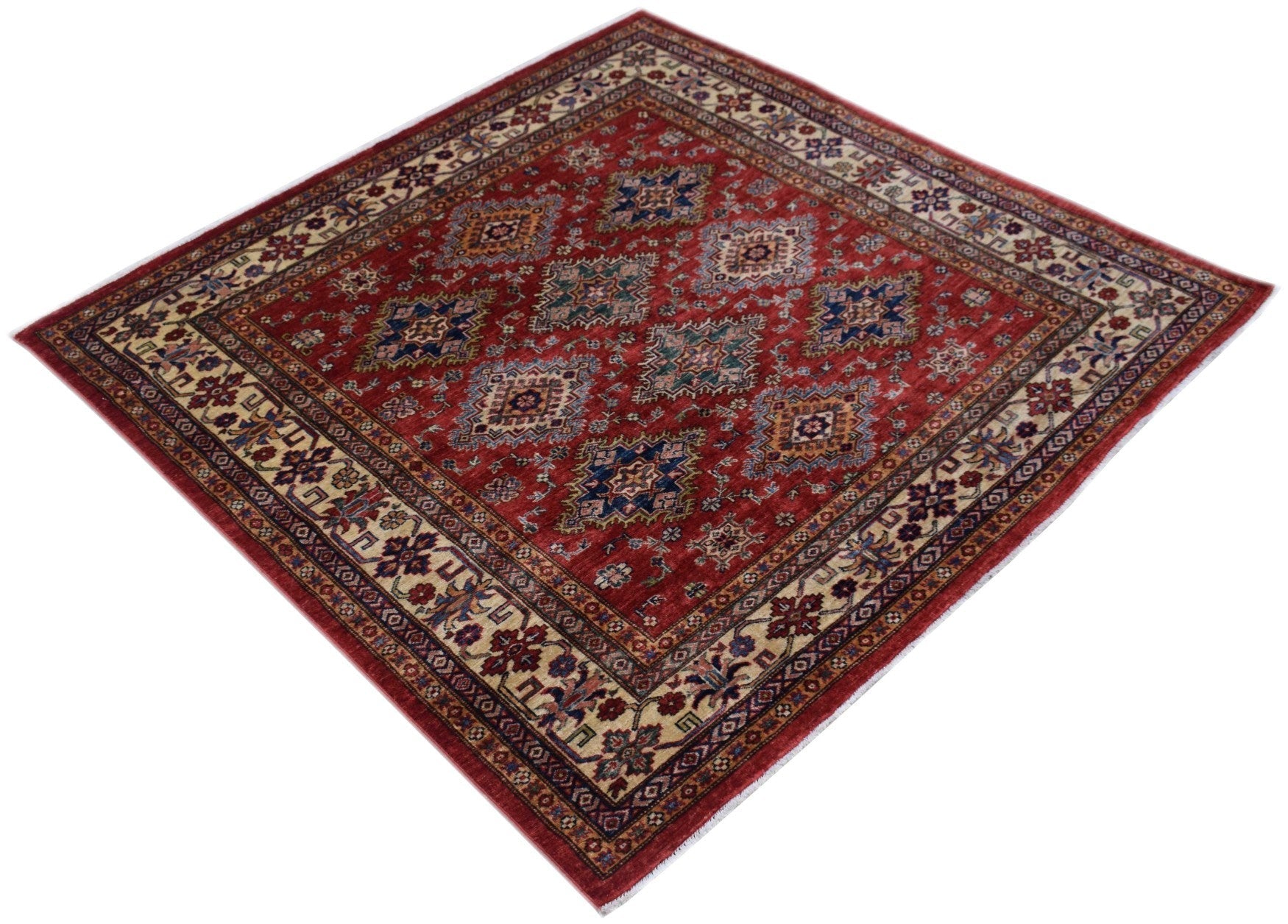 Handmade Traditional Super Kazakh Square Rug | 182 x 183 cm | 6' x 6' - Najaf Rugs & Textile