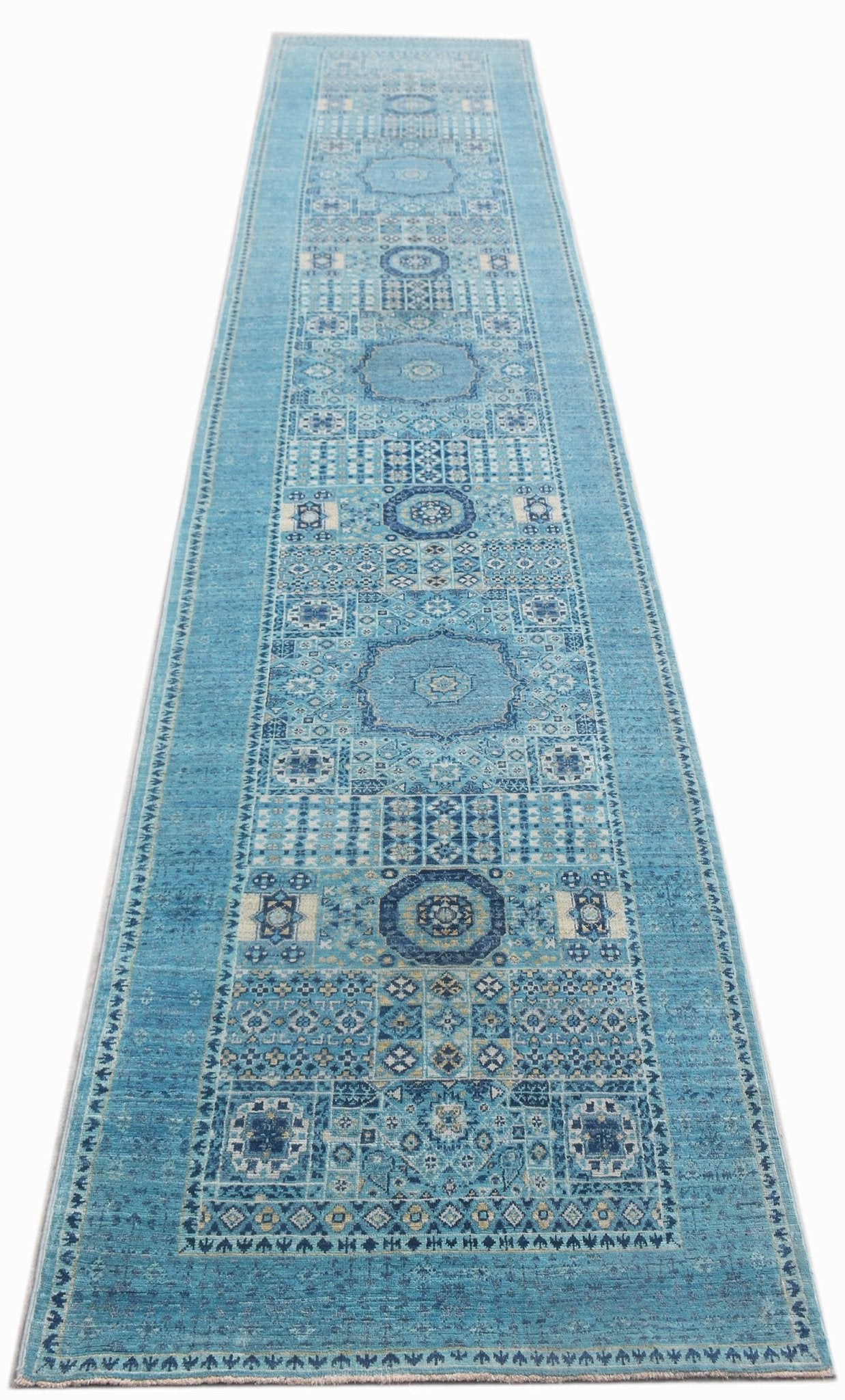 Handmade Transitional Mamluk Hallway Runner | 402 x 82 cm | 13'3" x 2'9" - Najaf Rugs & Textile